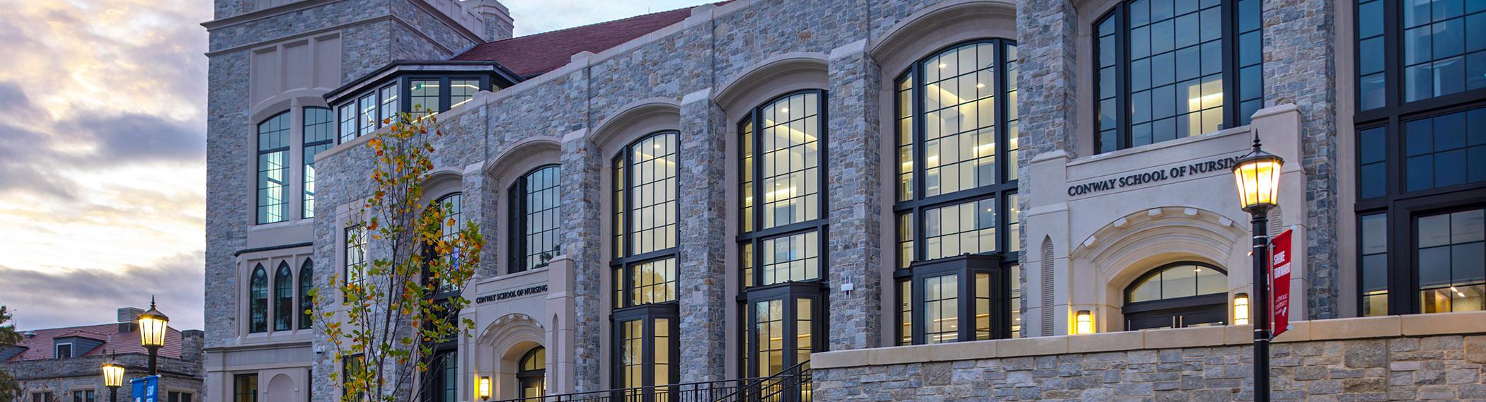 Conway School exterior in early evening.