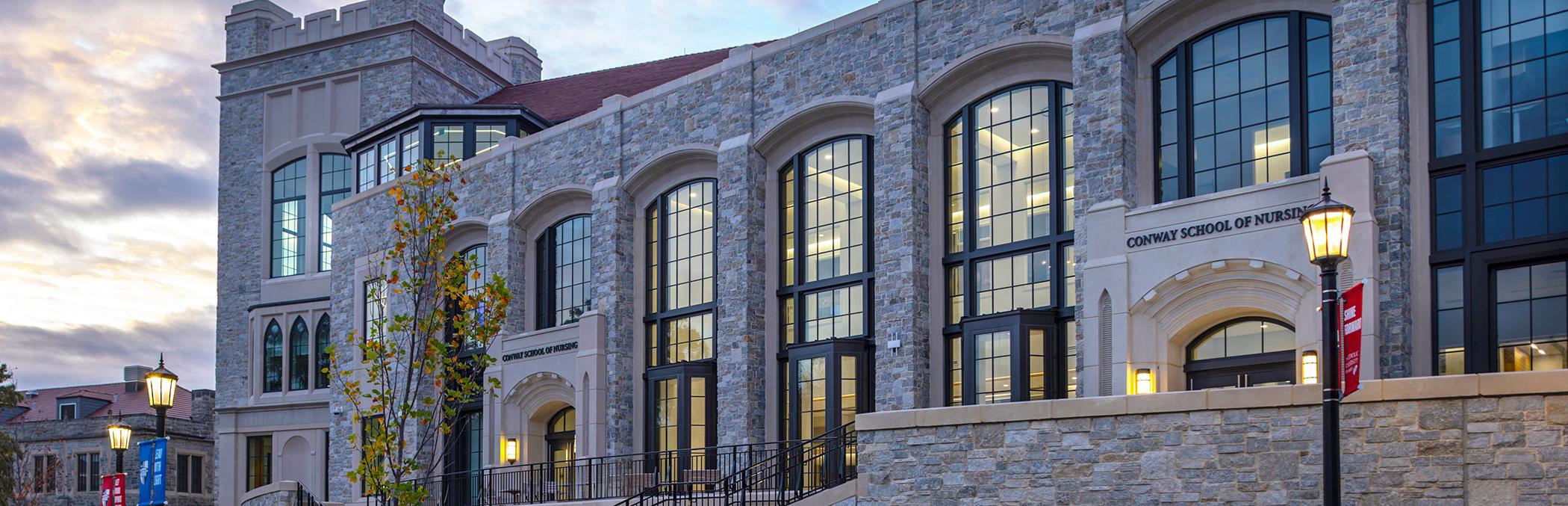 Conway School exterior in early evening.
