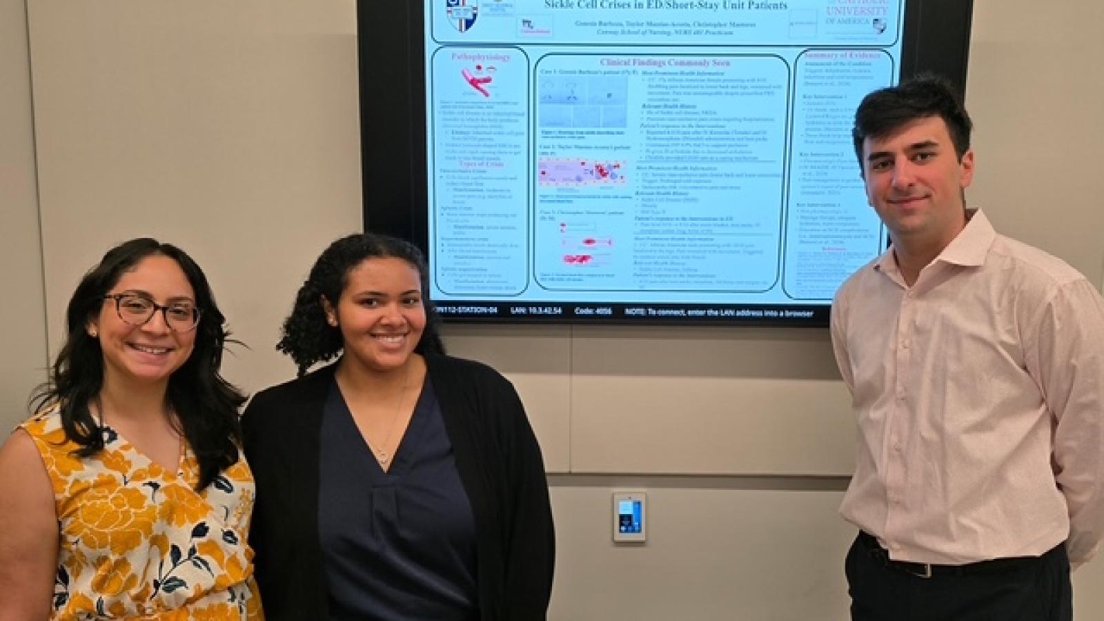 Presentation from 2026 Senior Practicum Presentations, featuring three students including two women and one man.