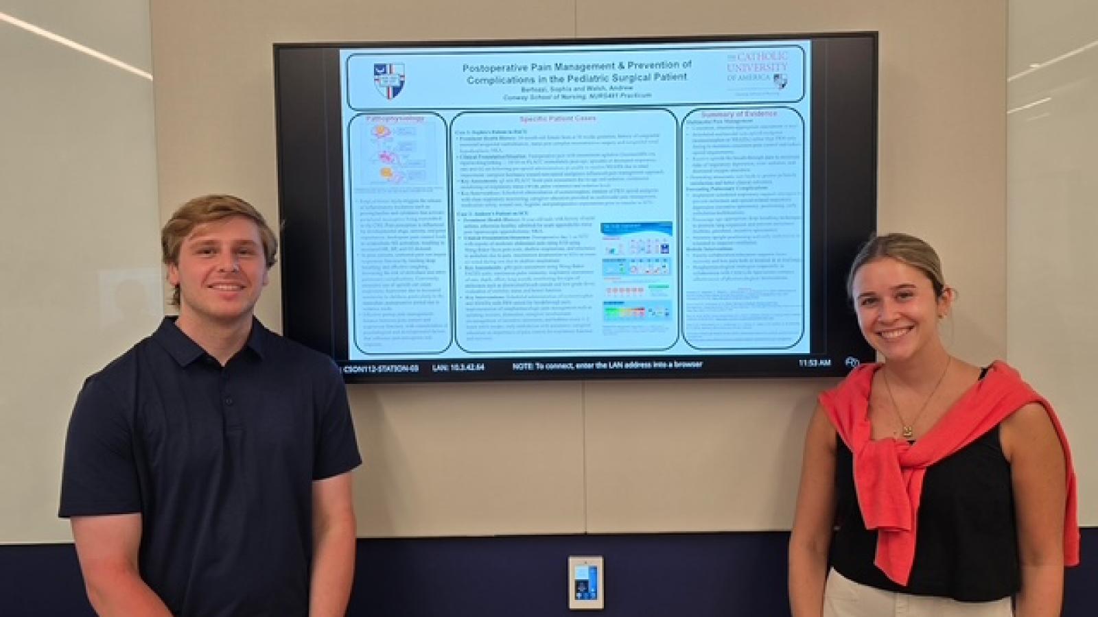 Presentation from 2026 Senior Practicum Presentations, featuring one male student and one female student.