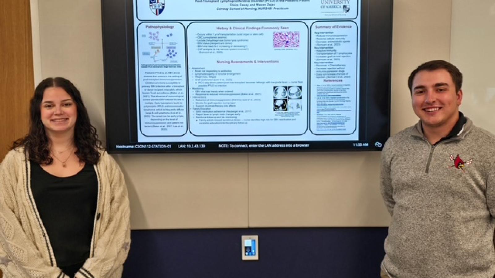 Presentation from 2026 Senior Practicum Presentations, featuring two students, one woman and one man.