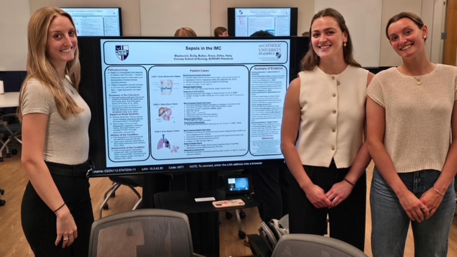Presentation from 2026 Senior Practicum Presentations, featuring three female students.
