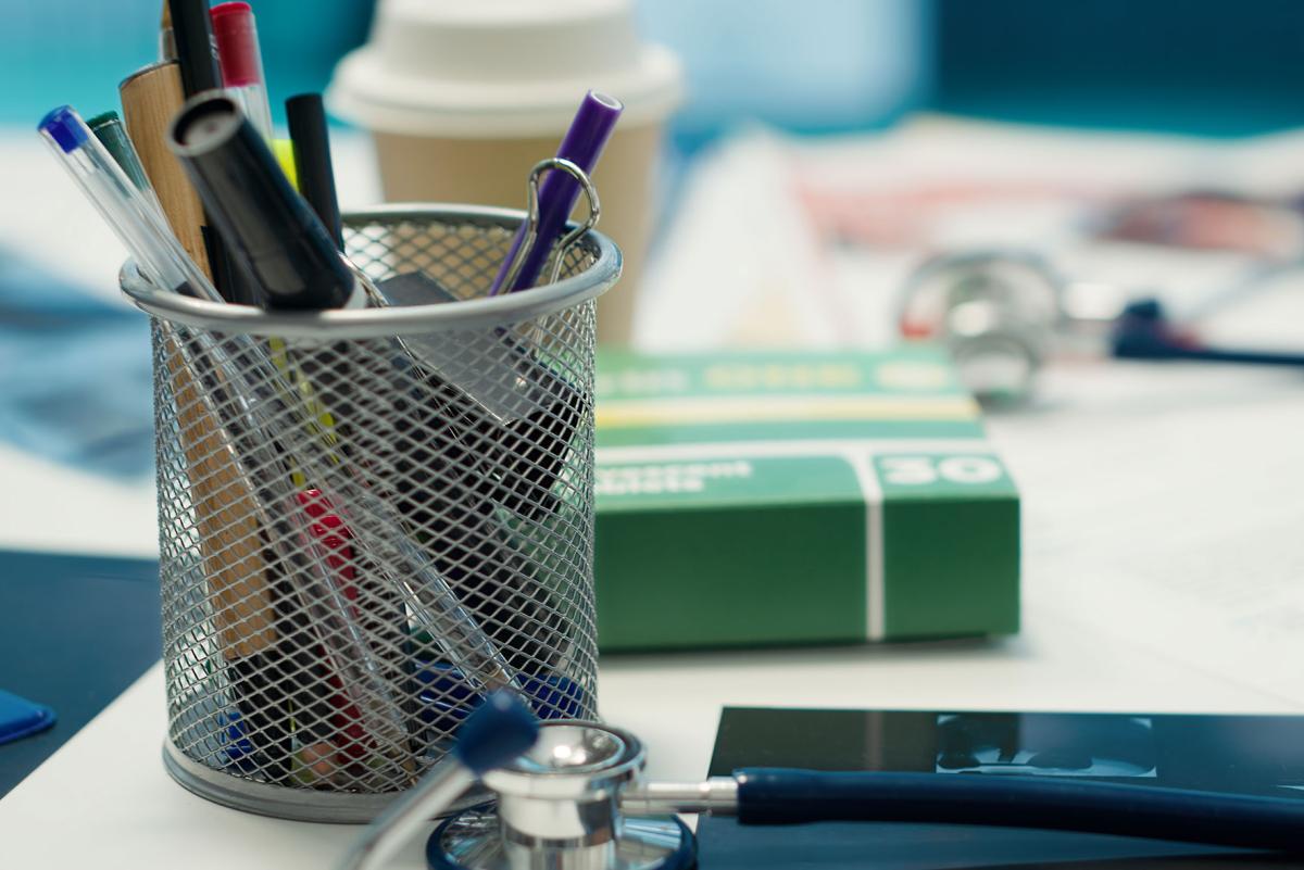Objects on a nursing desk.