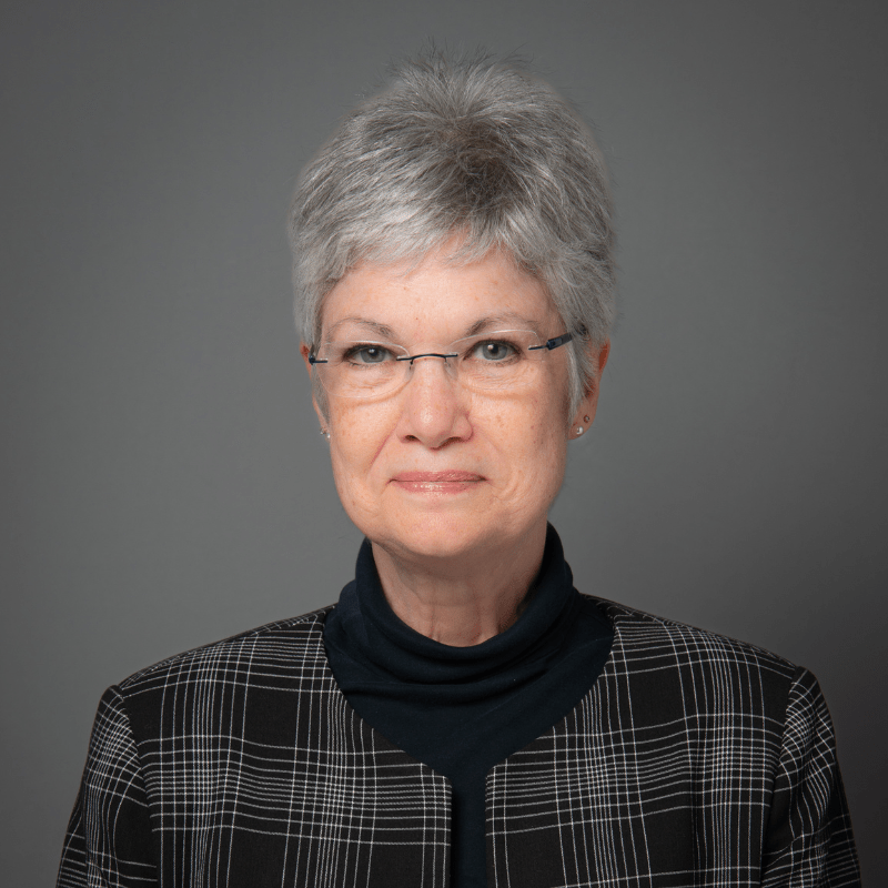 Photo of Mary Anne Vincent. She has short grey hair and is swearing a grey plaid blazer over a black turtleneck.