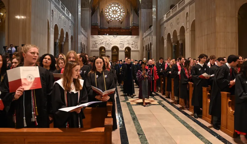 The Baccalaureate Mass is a cherished Commencement tradition that brings together graduating students, their families, and the Catholic University community for an evening of prayer, reflection, and celebration. Held in the Basilica’s Great Upper Church, this liturgy honors the academic journey of the Class of 2025 and offers a moment of spiritual grounding before graduation weekend.
